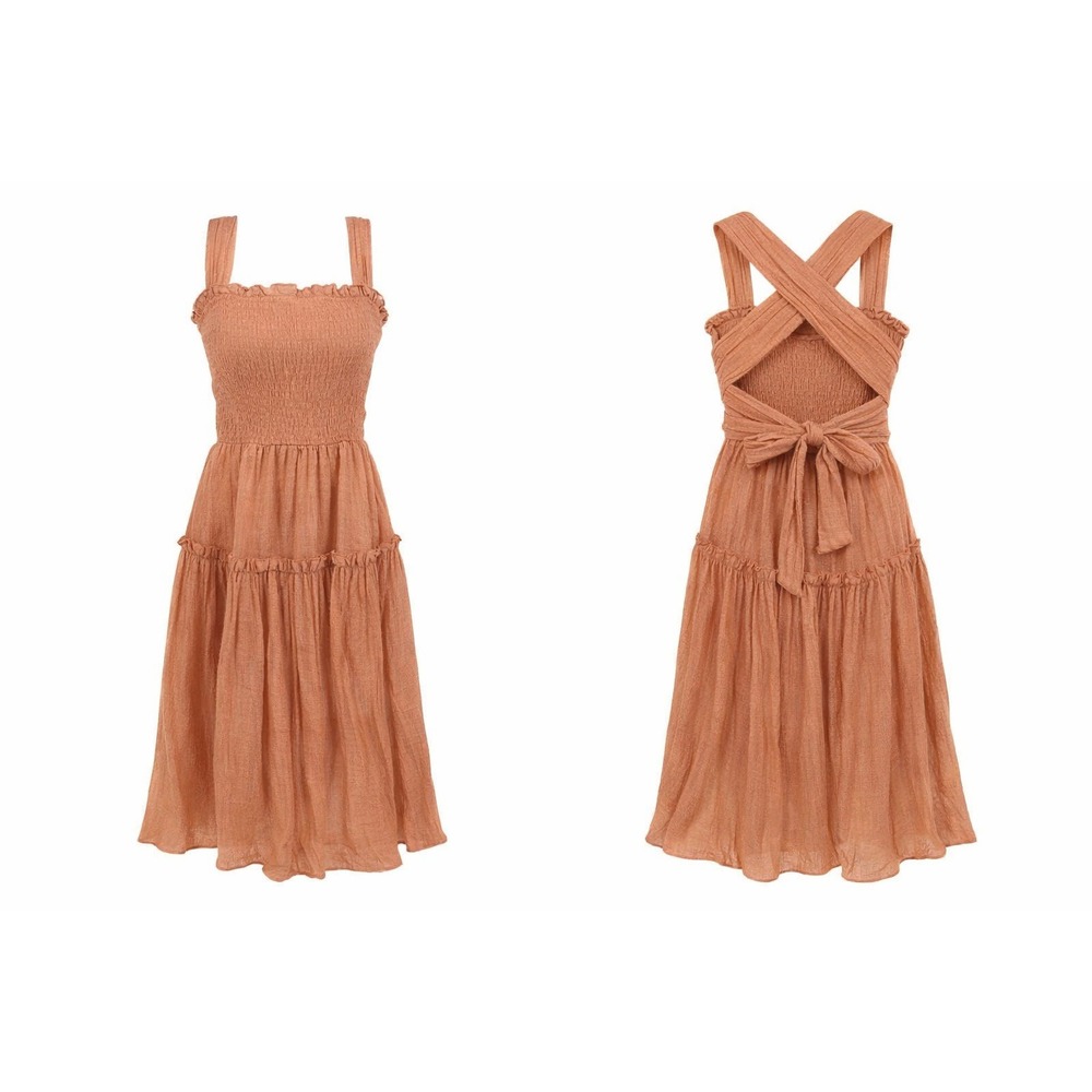 Lena Smocked Midi Dress‎ S Peach Tie Bow Back Tiered Ruffle Gauze Coquette
